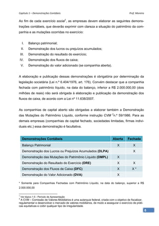 Capítulo 1 – Demonstrações Contábeis                                                       Prof. Moreira 

Ao fim de cada exercício social1, as empresas devem elaborar as seguintes demons-
trações contábeis, que deverão exprimir com clareza a situação do patrimônio da com-
panhia e as mutações ocorridas no exercício:


     I.    Balanço patrimonial;
    II.    Demonstração dos lucros ou prejuízos acumulados;
    III.   Demonstração do resultado do exercício;
IV.        Demonstração dos fluxos de caixa;
    V.     Demonstração do valor adicionado (se companhia aberta).


A elaboração e publicação dessas demonstrações é obrigatória por determinação da
legislação societária (Lei n.º 6.404/1976, art. 176). Convém destacar que a companhia
fechada com patrimônio líquido, na data do balanço, inferior a R$ 2.000.000,00 (dois
milhões de reais) não será obrigada à elaboração e publicação da demonstração dos
fluxos de caixa, de acordo com a Lei nº 11.638/2007.


As companhias de capital aberto são obrigadas a elaborar também a Demonstração
das Mutações do Patrimônio Líquido, conforme instrução CVM 2n.º 59/1986. Para as
demais empresas (companhias de capital fechado, sociedades limitadas, firmas indivi-
duais etc.) essa demonstração é facultativa.


      Demonstrações Contábeis                                                Aberta       Fechada
      Balanço Patrimonial                                                        X            X
      Demonstração dos Lucros ou Prejuízos Acumulados (DLPA)                                  X
      Demonstração das Mutações do Patrimônio Líquido (DMPL)                     X
      Demonstração do Resultado do Exercício (DRE)                               X            X
      Demonstração dos Fluxos de Caixa (DFC)                                     X            X*
      Demonstração do Valor Adicionado (DVA)                                     X

* Somente para Companhias Fechadas com Patrimônio Líquido, na data do balanço, superior a R$
2.000.000,00

1
    Ver tópico 1.5 - Período de Apresentação
2
  A CVM – Comissão de Valores Mobiliários é uma autarquia federal, criada com o objetivo de fiscalizar,
regulamentar e desenvolver o mercado de valores mobiliários, de modo a assegurar o exercício de práti-
cas equitativas e coibir qualquer tipo de irregularidade.
                                                                                                          6
 