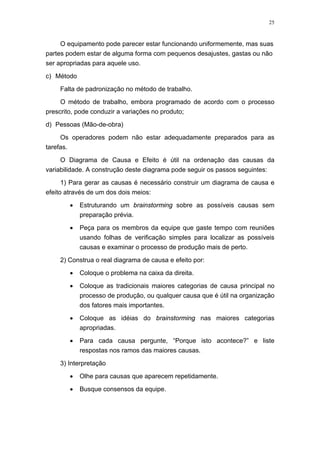 25
O equipamento pode parecer estar funcionando uniformemente, mas suas
partes podem estar de alguma forma com pequenos desajustes, gastas ou não
ser apropriadas para aquele uso.
c) Método
Falta de padronização no método de trabalho.
O método de trabalho, embora programado de acordo com o processo
prescrito, pode conduzir a variações no produto;
d) Pessoas (Mão-de-obra)
Os operadores podem não estar adequadamente preparados para as
tarefas.
O Diagrama de Causa e Efeito é útil na ordenação das causas da
variabilidade. A construção deste diagrama pode seguir os passos seguintes:
1) Para gerar as causas é necessário construir um diagrama de causa e
efeito através de um dos dois meios:
• Estruturando um brainstorming sobre as possíveis causas sem
preparação prévia.
• Peça para os membros da equipe que gaste tempo com reuniões
usando folhas de verificação simples para localizar as possíveis
causas e examinar o processo de produção mais de perto.
2) Construa o real diagrama de causa e efeito por:
• Coloque o problema na caixa da direita.
• Coloque as tradicionais maiores categorias de causa principal no
processo de produção, ou qualquer causa que é útil na organização
dos fatores mais importantes.
• Coloque as idéias do brainstorming nas maiores categorias
apropriadas.
• Para cada causa pergunte, “Porque isto acontece?” e liste
respostas nos ramos das maiores causas.
3) Interpretação
• Olhe para causas que aparecem repetidamente.
• Busque consensos da equipe.
 