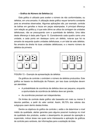 36
– Gráfico do Número de Defeitos (c)
Este gráfico é utilizado para avaliar o número de não conformidades, ou
defeitos, em uma amostra. A utilização deste gráfico requer tamanho constante
para as amostras observadas. Algumas aplicações são, por exemplo, controle
de bolhas em garrafas e riscos em peças estampadas. A principal diferença
com relação ao gráfico p, é que este último se utiliza da contagem de unidades
defeituosas, não se preocupando com a quantidade de defeitos. Uma idéia
desta diferença é dada pela Figura 13. Considerando cada quadro como uma
unidade, e cada ponto em destaque como um defeito, nota-se que há na
amostra da esquerda quatro unidades defeituosas, e um total de sete defeitos.
Na amostra da direita há duas unidades defeituosas, e o mesmo número de
defeitos da primeira.
FIGURA 13 – Exemplo de apresentação de defeitos
Os gráficos de controle c controlam o número de defeitos produzidos. Este
gráfico se baseia na distribuição de Poisson, por isso duas condições devem
ser atendidas:
• A probabilidade de ocorrência de defeitos deve ser pequena, enquanto
a oportunidade de ocorrência de defeitos deve ser grande;
• As ocorrências precisam ser independentes.
Os limites de controle deste gráfico são baseados em mais ou menos 3
desvios padrões, a partir do valor central. Assim, 99,73% dos valores dos
subgrupos caem dentro destes limites.
Dentre os objetivos do gráfico de controle c, estão o de determinar o nível
médio da qualidade, alertar gerentes para alguma possível mudança no nível
da qualidade dos produtos, avaliar o desempenho do pessoal da operação e
supervisão, indicar áreas nas quais seria interessante a aplicação de gráficos
de controle para variáveis, dar informações para a aceitação de lotes.
 