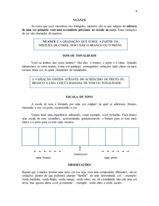 4
NUANCE
As cores que você encontrou nos triângulos menores são as que surgem da mistura
de uma cor primária com uma secundária próximas no círculo de cores. Estas variações
de cor são chamadas de nuances.
TOM OU TONALIDADE
Você se lembra das cores neutras? São elas: o branco, o preto e o cinza. Quando
misturamos as cores neutras a uma cor qualquer, conseguimos variações mais claras ou mais
escuras desta cor, às quais chamamos de tonalidades.
ESCALA DE TONS
A escala de tons é formada por uma cor original na qual se adicionou branco,
clareando a cor, ou preto, escurecendo a cor.
Vamos fazer uma experiência utilizando, como exemplo, a cor vermelha. Faça abaixo
uma escala de tons vermelhos, acrescentando gradativamente o branco para os tons mais
claros e o preto para os tons mais escuros.
← ← ← ← ← ←
VERMELHO
→ → → → → →
mais branco mais preto
OBSERVAÇÕES
Repare que a nuance produz uma nova cor (ou seja, com uma composição diferente); são as
variações dentro do que podemos chamar “família” de uma determinada cor – exemplo:
verde-bandeira, verde-limão, verde-musgo, verde-oliva, etc. Já a tonalidade não cria uma cor
nova, mas apenas altera a cor já existente – exemplo: verde claro e verde escuro.
NUANCE É A GRADAÇÃO QUE SURGE A PARTIR DA
MISTURA DE CORES, SEM USAR O BRANCO OU O PRETO.
A VARIAÇÃO OBTIDA ATRAVÉS DO ACRÉSCIMO DE PRETO OU
BRANCO A UMA COR É CHAMADA DE TOM OU TONALIDADE.
 