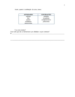 7
Assim, quanto à combinação de cores, temos:
AFINIDADES CONTRASTES
análogas
frias
quentes
tonalidades
monocromias
primárias
secundárias
complementares
policromias
E as cores neutras?
Você acha que elas se harmonizam por afinidade ou por contraste?
R: _______________________________________________________________________
--------------------------------------------------------------------------------------------------------------
 