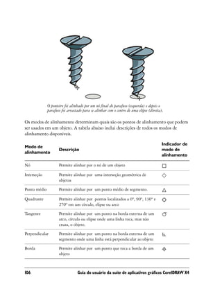 O ponteiro foi alinhado por um nó final do parafuso (esquerda) e depois o
              parafuso foi arrastado para se alinhar com o centro de uma elipse (direita).

Os modos de alinhamento determinam quais são os pontos de alinhamento que podem
ser usados em um objeto. A tabela abaixo inclui descrições de todos os modos de
alinhamento disponíveis.

                                                                                         Indicador de
Modo de
                     Descrição                                                           modo de
alinhamento
                                                                                         alinhamento

Nó                   Permite alinhar por o nó de um objeto

Interseção           Permite alinhar por uma interseção geométrica de
                     objetos

Ponto médio          Permite alinhar por um ponto médio de segmento.

Quadrante            Permite alinhar por pontos localizados a 0º, 90º, 130º e
                     270º em um círculo, elipse ou arco

Tangente             Permite alinhar por um ponto na borda externa de um
                     arco, círculo ou elipse onde uma linha toca, mas não
                     cruza, o objeto.

Perpendicular        Permite alinhar por um ponto na borda externa de um
                     segmento onde uma linha está perpendicular ao objeto

Borda                Permite alinhar por um ponto que toca a borda de um
                     objeto



106                              Guia do usuário da suíte de aplicativos gráficos CorelDRAW X4
 