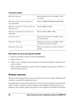 Você pode também

Selecionar vários nós                          Mantenha pressionada a tecla Shift e clique
                                               em cada nó.

Selecionar todos os nós em um objeto de        Clique em Editar   Selecionar tudo     Nós.
curva selecionado

Selecionar o primeiro ou o último nó de um     Pressione Home ou End.
objeto de curva

Selecionar o nó posterior ou anterior ao nó    Pressione Tab ou Shift + Tab.
selecionado

Desmarcar um nó                                Mantenha pressionada a tecla Shift e clique
                                               no nó selecionado.

Desmarcar vários nós                           Mantenha pressionada a tecla Shift e clique
                                               em cada um dos nós selecionados.

Desmarcar todos os nós                         Clique em um espaço não usado na janela de
                                               desenho.


Para mover um nó ou uma alça de controle
1 Selecione um objeto usando a ferramenta Forma             .
2 Clique em um nó.
3 Arraste o nó ou qualquer uma das alças de controle para modelar os segmentos em
  ambos os lados.
  Para modelar um segmento, pode-se mudar o ângulo de uma alça de controle ou a
  distância desta para o nó.


Manipular segmentos
Você pode mover segmentos de curva para alterar a forma de um objeto. Também pode
controlar a suavidade de segmentos curvos.
É possível alterar a direção de um objeto de curva invertendo a posição de seus nós inicial
e final. O efeito é aparente somente quando as extremidades do objeto de curva são
diferentes. Por exemplo, quando uma ponta de seta é aplicada ao nó final de um objeto



118                            Guia do usuário da suíte de aplicativos gráficos CorelDRAW X4
 