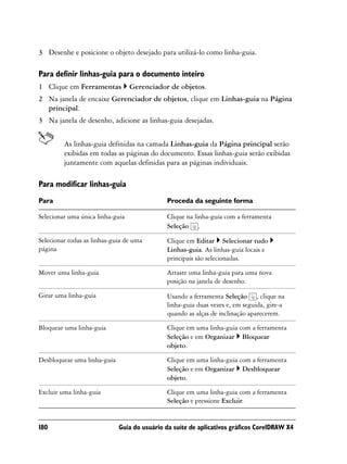 3 Desenhe e posicione o objeto desejado para utilizá-lo como linha-guia.

Para definir linhas-guia para o documento inteiro
1 Clique em Ferramentas           Gerenciador de objetos.
2 Na janela de encaixe Gerenciador de objetos, clique em Linhas-guia na Página
  principal.
3 Na janela de desenho, adicione as linhas-guia desejadas.


         As linhas-guia definidas na camada Linhas-guia da Página principal serão
         exibidas em todas as páginas do documento. Essas linhas-guia serão exibidas
         juntamente com aquelas definidas para as páginas individuais.

Para modificar linhas-guia
Para                                         Proceda da seguinte forma

Selecionar uma única linha-guia              Clique na linha-guia com a ferramenta
                                             Seleção .

Selecionar todas as linhas-guia de uma       Clique em Editar Selecionar tudo
página                                       Linhas-guia. As linhas-guia locais e
                                             principais são selecionadas.

Mover uma linha-guia                         Arraste uma linha-guia para uma nova
                                             posição na janela de desenho.

Girar uma linha-guia                         Usando a ferramenta Seleção , clique na
                                             linha-guia duas vezes e, em seguida, gire-a
                                             quando as alças de inclinação aparecerem.

Bloquear uma linha-guia                      Clique em uma linha-guia com a ferramenta
                                             Seleção e em Organizar Bloquear
                                             objeto.

Desbloquear uma linha-guia                   Clique em uma linha-guia com a ferramenta
                                             Seleção e em Organizar Desbloquear
                                             objeto.

Excluir uma linha-guia                       Clique em uma linha-guia com a ferramenta
                                             Seleção e pressione Excluir.


180                          Guia do usuário da suíte de aplicativos gráficos CorelDRAW X4
 