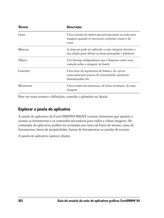Termo                              Descrição

Lente                              Uma camada do objeto que protege parte ou toda uma
                                   imagem quando se executam correções tonais e de
                                   cores

Máscara                            A máscara pode ser aplicada a uma imagem durante a
                                   sua edição para definir as áreas protegidas e editáveis

Objeto                             Um bitmap independente que é disposto como uma
                                   camada sobre a imagem de fundo

Caminho                            Uma série de segmentos de linhas e de curvas
                                   conectados por pontos de extremidade ajustáveis
                                   denominados nós

Miniaturas                         Uma versão em miniatura, de baixa resolução, de uma
                                   imagem

Para ver mais termos e definições, consulte o glossário na Ajuda.


Explorar a janela do aplicativo
A janela do aplicativo do Corel PHOTO-PAINT contém elementos que ajudam a
acessar as ferramentas e os comandos necessários para exibir e editar imagens. Os
comandos do aplicativo podem ser acessados por meio da barra de menus, caixa de
ferramentas, barra de propriedades, barras de ferramentas ou janelas de encaixe.
A janela do aplicativo aparece abaixo.




302                         Guia do usuário da suíte de aplicativos gráficos CorelDRAW X4
 