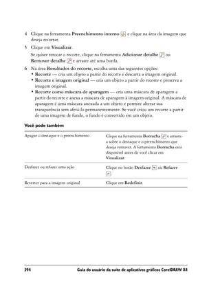 4 Clique na ferramenta Preenchimento interno              e clique na área da imagem que
  deseja recortar.
5 Clique em Visualizar.
  Se quiser retocar o recorte, clique na ferramenta Adicionar detalhe           ou
  Remover detalhe e arraste até uma borda.
6 Na área Resultados do recorte, escolha uma das seguintes opções:
  • Recorte — cria um objeto a partir do recorte e descarta a imagem original.
  • Recorte e imagem original — cria um objeto a partir do recorte e preserva a
    imagem original.
  • Recorte como máscara de aparagem — cria uma máscara de aparagem a
    partir do recorte e anexa a máscara de aparagem à imagem original. A máscara de
    aparagem é uma máscara anexada a um objeto e permite alterar sua
    transparência sem afetá-lo permanentemente. Se você criou um recorte a partir
    de uma imagem de fundo, o fundo é convertido em um objeto.

Você pode também

Apagar o destaque e o preenchimento           Clique na ferramenta Borracha      e arraste-
                                              a sobre o destaque e o preenchimento que
                                              deseja remover. A ferramenta Borracha está
                                              disponível antes de você clicar em
                                              Visualizar.

Desfazer ou refazer uma ação                  Clique no botão Desfazer      ou Refazer
                                                 .

Reverter para a imagem original               Clique em Redefinir.




394                            Guia do usuário da suíte de aplicativos gráficos CorelDRAW X4
 