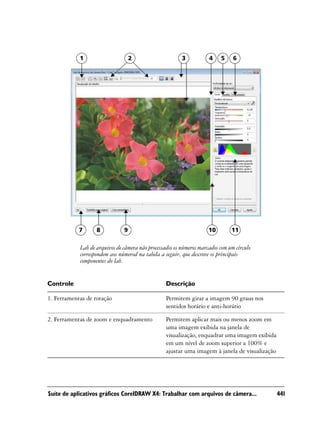 1                      2                     3           4    5     6




            7      8           9                                     10        11

            Lab de arquivos de câmera não processados os números marcados com um círculo
            correspondem aos númerod na tabela a seguir, que descreve os principais
            componentes do lab.


Controle                                          Descrição

1. Ferramentas de rotação                         Permitem girar a imagem 90 graus nos
                                                  sentidos horário e anti-horário

2. Ferramentas de zoom e enquadramento            Permitem aplicar mais ou menos zoom em
                                                  uma imagem exibida na janela de
                                                  visualização, enquadrar uma imagem exibida
                                                  em um nível de zoom superior a 100% e
                                                  ajustar uma imagem à janela de visualização




Suíte de aplicativos gráficos CorelDRAW X4: Trabalhar com arquivos de câmera...                 441
 