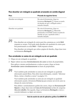 Para desenhar um retângulo ou quadrado arrastando em sentido diagonal
Para                                      Proceda da seguinte forma

Desenhar um retângulo                     Na caixa de ferramentas, clique na
                                          ferramenta Retângulo . Arraste na janela
                                          de desenho até que o retângulo tenha o
                                          tamanho desejado.

Desenhar um quadrado                      Na caixa de ferramentas, clique na
                                          ferramenta Retângulo . Mantenha
                                          pressionada a tecla Ctrl e arraste na janela de
                                          desenho até que o quadrado tenha o
                                          tamanho desejado.


        Para desenhar um retângulo do centro para fora, pressiona-se a tecla Shift
        enquanto se arrasta. Você pode ainda desenhar um quadrado do centro para
        fora pressionando as teclas Shift + Ctrl enquanto arrasta.
        Para desenhar um retângulo que cubra a página de desenho, clique duas vezes
        na ferramenta Retângulo.

Para arredondar os cantos de um retângulo ou de um quadrado
1 Clique em um retângulo ou quadrado.
2 Digite valores nas áreas Arredondamento do canto na barra de propriedades.
  Para aplicar o mesmo arredondamento a todos os cantos, clique no botão
  Arredondar cantos simultaneamente na barra de propriedades.


        Você também pode arredondar os cantos de um retângulo ou quadrado
        selecionado usando filetes. Para obter mais informações, consulte “Adicionar
        filetes, vieiras e chanfros a cantos” na página 133.
        Você também pode arredondar os cantos de um retângulo ou quadrado
        selecionado usando a ferramenta Forma para arrastar um nó do canto na
        direção do centro da forma.
        Para definir o arredondamento padrão dos cantos, clique em Ferramentas
        Opções e clique duas vezes em Caixa de ferramentas na lista de categorias
        Área de trabalho. Em seguida, clique na ferramenta Retângulo e mova o
        controle deslizante ou digite um número.

56                         Guia do usuário da suíte de aplicativos gráficos CorelDRAW X4
 