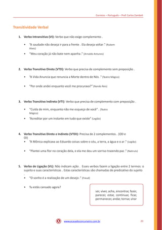 Correios – Português – Prof. Carlos Zambeli
Transitividade Verbal
1. Verbo Intransitivo (VI): Verbo que não exige complemento .
• “A saudade não deseja ir para a frente . Ela deseja voltar .” (Rubem
Alves)
• “Meu coração já não bate nem apanha .” (Arnaldo Antunes)
2. Verbo Transitivo Direto (VTD): Verbo que precisa de complemento sem preposição .
• “A Vida Anuncia que renuncia a Morte dentro de Nós ." (Teatro Mágico)
• “Por onde andei enquanto você me procurava?” (Nando Reis)
3. Verbo Transitivo Indireto (VTI): Verbo que precisa de complemento com preposição .
• “Cuida de mim, enquanto não me esqueço de você” . (Teatro
Mágico)
• “Acreditar por um instante em tudo que existe” (Legião)
4. Verbo Transitivo Direto e Indireto (VTDI): Precisa de 2 complementos . (OD e
OI)
• “A Mônica explicava ao Eduardo coisas sobre o céu, a terra, a água e o ar .” (Legião)
• “Plantei uma flor no coração dela, e ela me deu um sorriso trazendo paz .” (Natiruts)
5. Verbo de Ligação (VL): Não indicam ação . Esses verbos fazem a ligação entre 2 termos: o
sujeito e suas características . Estas características são chamadas de predicativo do sujeito
.
• “O sonho é a realização de um desejo .” (Freud)
• Tu estás cansado agora?
ser, viver, acha, encontrar, fazer,
parecer, estar, continuar, ficar,
permanecer, andar, tornar, virar
23www.acasadoconcurseiro.com.br
 