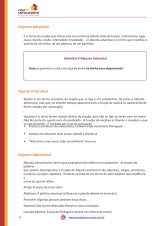 Adjunto Adverbial
É o termo da oração que indica uma circunstância (dando ideia de tempo, instrumento, lugar,
causa, dúvida, modo, intensidade, finalidade) . O adjunto adverbial é o termo que modifica o
sentido de um verbo, de um adjetivo, de um advérbio .
Advérbio X Adjunto Adverbial
Hoje eu prometo a você uma taça de vinho na minha casa alegremente!
Aposto X Vocativo
Aposto é um termo acessório da oração que se liga a um substantivo, tal como o adjunto
adnominal, mas que, no entanto sempre aparecerá com a função de explicá-lo, aparecendo de
forma isolada por pontuação
.
Vocativo é o único termo isolado dentro da oração, pois não se liga ao verbo nem ao nome .
Não faz parte do sujeito nem do predicado . A função do vocativo é chamar o receptor a que
se está dirigindo . É marcado por sinal de pontuação .
• Dudan, o professor de matemática, também sabe muito bem Português!
• Sempre me disseram duas coisas: estude e divirta-se
.
• “Não chore, meu amor, tudo vai melhorar” (Natiruts)
Adjunto Adnominal
Adjunto adnominal é o termo que caracteriza e/ou define um substantivo . As classes de
palavras
que podem desempenhar a função de adjunto adnominal são adjetivos, artigos, pronomes,
numerais, locuções adjetivas . Portanto se trata de um termo de valor adjetivo que modificara
o
nome ao qual se refere .
Artigo: O preço do arroz subiu
Adjetivos: A política empresarial deve ser o grande debate no seminário .
Pronome: Algumas pessoas pediram essas dicas .
Numeral: Dez alunos dedicados fizeram o nosso simulado .
Locução adjetiva: A aula de Português sempre nos emociona muito!
24 www.acasadoconcurseiro.com.br
 