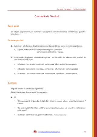 Correios – Português – Prof. Carlos Zambeli
Concordância Nominal
Regra geral
Os artigos, os pronomes, os numerais e os adjetivos concordam com o substantivo a que eles
se referem .
Casos especiais
1. Adjetivo + substantivos de gênero diferente: Concordância com o termo mais próximo .
• Aquele professor ensina complicadas regras e conteúdos .
complicados conteúdos e regras .
2. Substantivos de gêneros diferentes + adjetivo: Concordância com o termo mais próximo ou
uso do masculino plural .
• A Casa do Concurseiro anunciou a professora e o funcionário homenageado .
• A Casa do Concurseiro anunciou a professora e o funcionário homenageados
.
• A Casa do Concurseiro anunciou o funcionário e a professora homenageada .
3. Anexo
Seguem anexos os valores do orçamento .
As receitas anexas devem conter comprovante .
4. SÓ
• “O impossível é só questão de opinião e disso os loucos sabem, só os loucos sabem .”
(Chorão)
• “Eu tava só, sozinho! Mais solitário que um paulistano, que um canastrão na hora que
cai o pano .”
• “Bateu de frente é só tiro, porrada e bomba .” (Valesca Popozuda)
31www.acasadoconcurseiro.com.br
 