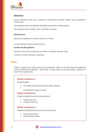 Abstratos:
Os que nomeiam entes que só existem na consciência humana, indicam atos, qualidades e
sentimentos .
Vida (estado), beleza (qualidade), felicidade (sentimento), esforço (ação) .
Dor, saudade, beijo, pontapé, chute, resolução, resposta
Sobrecomuns
Quando um só gênero se refere a homem ou mulher
.
a criança (tanto menino quanto menina)
Comuns de dois gêneros
Quando uma só forma existe para se referir a indivíduos dos dois sexos .
o artista, a artista, o dentista, a dentista .
Artigo
Artigo é a palavra que, vindo antes de um substantivo, indica se ele está sendo empregado de
maneira definida ou indefinida . Além disso, o artigo indica, ao mesmo tempo, o gênero e o
número dos substantivos .
Detalhe zambeliano 1
Substantivação!
•
•
Os milhões foram desviados dos cofres públicos
.
Os dedicados sempre vencem .
Detalhe zambeliano 2
Artigo facultativo diante de nomes próprios .
•
•
Cláudia não veio .
A Cláudia não veio
.
Detalhe zambeliano 3
Artigo facultativo diante dos pronomes possessivos .
•
•
Nossa banca é fácil .
A Nossa banca é fácil
.
10 www.acasadoconcurseiro.com.br
 