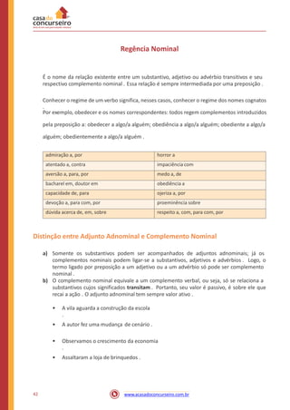 Regência Nominal
É o nome da relação existente entre um substantivo, adjetivo ou advérbio transitivos e seu
respectivo complemento nominal . Essa relação é sempre intermediada por uma preposição .
Conhecer o regime de um verbo significa, nesses casos, conhecer o regime dos nomes cognatos
.
Por exemplo, obedecer e os nomes correspondentes: todos regem complementos introduzidos
pela preposição a: obedecer a algo/a alguém; obediência a algo/a alguém; obediente a algo/a
alguém; obedientemente a algo/a alguém .
Distinção entre Adjunto Adnominal e Complemento Nominal
a) Somente os substantivos podem ser acompanhados de adjuntos adnominais; já os
complementos nominais podem ligar-se a substantivos, adjetivos e advérbios . Logo, o
termo ligado por preposição a um adjetivo ou a um advérbio só pode ser complemento
nominal .
O complemento nominal equivale a um complemento verbal, ou seja, só se relaciona a
substantivos cujos significados transitam . Portanto, seu valor é passivo, é sobre ele que
recai a ação . O adjunto adnominal tem sempre valor ativo .
b)
• A vila aguarda a construção da escola
.
• A autor fez uma mudança de cenário .
• Observamos o crescimento da economia
.
• Assaltaram a loja de brinquedos .
42 www.acasadoconcurseiro.com.br
admiração a, por horror a
atentado a, contra impaciência com
aversão a, para, por medo a, de
bacharel em, doutor em obediência a
capacidade de, para ojeriza a, por
devoção a, para com, por proeminência sobre
dúvida acerca de, em, sobre respeito a, com, para com, por
 