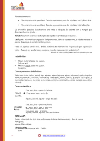 Note esse exemplo:
• Vou imprimir uma apostila da Casa do concurseiro para dar no dia da inscrição da Ana .
• Vou imprimir uma apostila da Casa do concurseiro para dar no dia da inscrição dela .
Os pronomes pessoais classificam-se em retos e oblíquos, de acordo com a função que
desempenham na oração .
RETOS: Assumem na oração as funções de sujeito ou predicativo do sujeito .
OBLÍQUOS: Assumem as funções de complementos, como o objeto direto, o objeto indireto, o
agente da passiva, o complemento nominal .
“Não sei, apenas cativou-me . Então, tu tornas-te eternamente responsável por aquilo que
cativa . Tu pode ser igual a todos outros no mundo, mas para mim serás único .”
Antoine de Saint-Exupéry (1900-1944) – O pequeno príncipe
Indefinidos
• Algum material pode me ajudar.
(afirmativo)
• Material algum pode me ajudar.
(negativo)
Outros pronomes indefinidos:
Tudo, todo (toda, todos, todas), algo, alguém, algum (alguma, alguns, algumas), nada, ninguém,
nenhum (nenhuma, nenhuns, nenhumas), certo (certa, certos, certas), qualquer (quaisquer), o
mesmo (a mesma, os mesmos, as mesmas), outrem, outro (outra, outros, outras), cada, vários
(várias) .
Demonstrativos
Este, esta, isto – perto do falante .
ESPAÇO � Esse, essa, isso – perto do
ouvinte .
Aquele, aquela, aquilo – longe dos dois
.
Este, esta, isto – presente/futuro
TEMPO � Esse, essa, isso – passado
breve
Aquele, aquela, aquilo – passado distante
Este, esta, isto – vai ser dito
Esse, essa, isso – já foi dito
DISCURSO
�
RETOMADA
Dudan e Zambeli são dois dos professores da Casa do Concurseiro . Este é ensina
Português;
aquele, Matemática .
Possessivos• Aqui está a minha carteira . Cadê a
sua?
12 www.acasadoconcurseiro.com.br
 