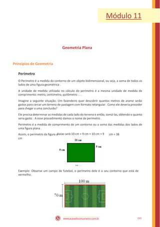 baixo será 10 cm + 9 cm + 10 cm + 9
Módulo 11
Geometria Plana
Princípios de Geometria
Perímetro
O Perímetro é a medida do contorno de um objeto bidimensional, ou seja, a soma de todos os
lados de uma figura geométrica .
A unidade de medida utilizada no cálculo do perímetro é a mesma unidade de medida de
comprimento: metro, centímetro, quilômetro . . .
Imagine a seguinte situação: Um fazendeiro quer descobrir quantos metros de arame serão
gastos para cercar um terreno de pastagem com formato retangular. Como ele deveria proceder
para chegar a uma conclusão?
Ele precisa determinar as medidas de cada lado do terreno e então, somá-las, obtendo o quanto
seria gasto . A esse procedimento damos o nome de perímetro .
Perímetro é a medida de comprimento de um contorno ou a soma das medidas dos lados de
uma figura plana .
Assim, o perímetro da figura a cm = 38
cm
Exemplo: Observe um campo de futebol, o perímetro dele é o seu contorno que está de
vermelho .
235www.acasadoconcurseiro.com.br
 