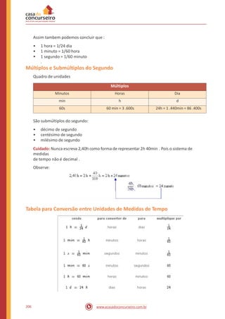 Assim tambem podemos concluir que :
•
•
•
1 hora = 1/24 dia
1 minuto = 1/60 hora
1 segundo = 1/60 minuto
.
Múltiplos e Submúltiplos do Segundo
Quadro de unidades
São submúltiplos do segundo:
•
•
•
décimo de segundo
centésimo de segundo
milésimo de segundo
Cuidado: Nunca escreva 2,40h como forma de representar 2h 40min . Pois o sistema de
medidas
de tempo não é decimal .
Observe:
Tabela para Conversão entre Unidades de Medidas de Tempo
206 www.acasadoconcurseiro.com.br
Múltiplos
Minutos Horas Dia
min h d
60s 60 min = 3 .600s 24h = 1 .440min = 86 .400s
 