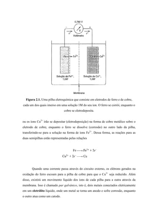 Figura 2.1. Uma pilha eletroquímica que consiste em eletrodos de ferro e de cobre,
cada um dos quais imerso em uma solução 1M do seu íon. O ferro se corrói, enquanto o
                                cobre se eletrodeposita.


ou os íons Cu2+ irão se depositar (eletrodeposição) na forma de cobre metálico sobre o
eletrodo de cobre, enquanto o ferro se dissolve (corrosão) no outro lado da pilha,
transferindo-se para a solução na forma de íons Fe2+. Dessa forma, as reações para as
duas semipilhas estão representadas pelas relações




       Quando uma corrente passa através do circuito externo, os elétrons gerados na
oxidação do ferro escoam para a pilha de cobre para que o Cu2+ seja reduzido. Além
disso, existirá um movimento líquido dos íons de cada pilha para a outra através da
membrana. Isso é chamado par galvânico, isto é, dois metais conectados eletricamente
em um eletrólito líquido, onde um metal se torna um anodo e sofre corrosão, enquanto
o outro atua como um catodo.
 