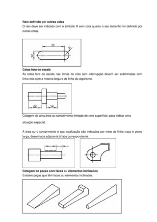 Caderno de Exercícios Desenho Técnico 1
Raio definido por outras cotas
O raio deve ser indicado com o símbolo R sem cota quanto o seu tamanho for definido por
outras cotas.
Cotas fora de escala
As cotas fora de escala nas linhas de cota sem interrupção devem ser sublinhadas com
linha reta com a mesma largura da linha do algarismo.
Cotagem de uma área ou comprimento limitado de uma superfície, para indicar uma
situação especial.
A área ou o comprimento e sua localização são indicados por meio da linha traço e ponto
larga, desenhada adjacente à face correspondente.
Cotagem de peças com faces ou elementos inclinados
Existem peças que têm faces ou elementos inclinados.
 