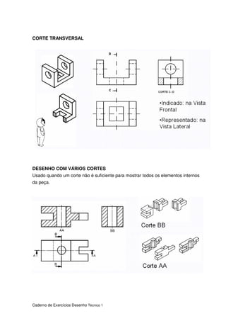 Caderno de Exercícios Desenho Técnico 1
CORTE TRANSVERSAL
DESENHO COM VÁRIOS CORTES
Usado quando um corte não é suficiente para mostrar todos os elementos internos
da peça.
 