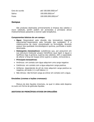 Cera do ouvido até 100.000.000/cm2
Saliva 100.000.000/cm2
Fezes 100.000.000.000/cm2
Xampus
São produtos destinados primariamente à limpeza dos cabelos e
couro cabeludo, porém podem ser acrescidos a princípios ativos
medicamentosos passando a exercer ação terapêutica.
Componentes básicos de um xampu:
Água: Responsável pela diluição dos tensioativos (agentes
espumantes”responsáveis pela remoção das sujidades). É a
matéria-prima de maior concentração na formulação, devendo
possuir boa qualidade microbiológica e química, purificada e recém
deionizada.
Detergente (tensioativo): substâncias que, por possuírem em
sua estrutura molecular grupos hidrofílicos (que ligam à água) e
lipofílicos (liga à gordura, sujeiras dos cabelos), têm a capacidade
de alterar a força de licaçao entre sujeira e cabelo, removendo-a.
Principais tensoativos:
• Aniônicos: em contato com água adquirem uma carga negativa
• Catiônicos: em contato com a água adquirem carga positiva.
• Anfóeros: dependendo do pH do meio adquirem carga positiva ou
negativa, pH ácido (+) e pH básico (-)
• Não iônicos: não formam carga ao entrar em contato com a água.
Emulsões (cremes e loções cremosas):
Mistura de dois líquidos imiscíveis, na qual m deles está disperso
no outro em forma de gotículas líquidas.
ADITIVOS DE PRINCÍPIOS ATIVOS EM EMULSÕES
 