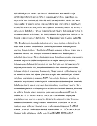 O acidente ligado ao trabalho que, embora não tenha sido a causa única, haja 
contribuído diretamente para a morte do segurado, para redução ou perda da sua 
capacidade para o trabalho, ou produzido lesão que exija atenção médica para a sua 
recuperação; • O acidente sofrido pelo segurado no local e no horário do trabalho, em 
conseqüência de: • Ato de agressão, sabotagem ou terrorismo praticado por terceiro ou 
companheiro de trabalho; • Ofensa física intencional, inclusive de terceiro, por motivo de 
disputa relacionada ao trabalho; • Ato de imprudência, de negligência ou de imperícia de 
terceiro ou de companheiro de trabalho; • Ato de pessoa privada do uso da razão; 159 
160. • Desabamento, inundação, incêndio e outros casos fortuitos ou decorrentes de 
força maior. A doença proveniente de contaminação acidental do empregado no 
exercício de sua atividade; • O acidente sofrido pelo segurado ainda que fora do local e 
horário de trabalho: • Na execução de ordem ou na realização de serviço sob a 
autoridade da empresa; • Na prestação espontânea de qualquer serviço à empresa para 
lhe evitar prejuízo ou proporcionar proveito; • Em viagem a serviço da empresa, 
inclusive para estudo quando financiada por esta dentro de seus planos para melhor 
capacitação da mão de obra, independentemente do meio de locomoção utilizado, 
inclusive veículo de propriedade do segurado; • No percurso da residência para o local 
de trabalho ou deste para aquela, qualquer que seja o meio de locomoção, inclusive 
veículo de propriedade do segurado. NOTA: Nos períodos destinados a refeição ou 
descanso, ou por ocasião da satisfação de outras necessidades fisiológicas, no local do 
trabalho ou durante este, o empregado é considerado no exercício do trabalho. Não é 
considerada agravação ou complicação de acidente do trabalho a lesão que, resultante 
de acidente de outra origem, se associe ou se superponha às conseqüências do 
anterior. ESTUDO DOS ACIDENTES E INCIDENTES Conhecer a proporção e 
gravidade em que ocorrem os acidentes é importante, pois mostra-nos a dimensão 
desses acontecimentos. Na figura abaixo encontram-se os dados de um estudo 
realizado sobre acidentes industriais e que revelou os seguintes dados: 1. LESÃO 
GRAVE OU FATAL • Inclui lesões sérias e incapacitantes. 10. LESÕES MENORES • 
Qualquer lesão relatada que não for séria. 30. ACIDENTES COM DANOS À 
 