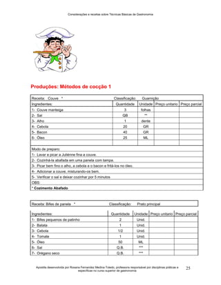 Considerações e receitas sobre Técnicas Básicas de Gastronomia
Apostila desenvolvida por Rosana Fernandez Medina Toledo, professora responsável por disciplinas práticas e
específicas no curso superior de gastronomia
25
Produções: Métodos de cocção 1
Receita: Couve * Classificação: Guarnição
Ingredientes: Quantidade Unidade Preço unitario Preço parcial
1- Couve manteiga 3 folhas
2- Sal QB **
3- Alho 1 dente
4- Cebola 20 GR
5- Bacon 40 GR
6- Óleo 25 ML
Modo de preparo:
1- Lavar e picar a Juliénne fina a couve.
2- Cozinhá-la abafada em uma panela com tampa.
3- Picar bem fino o alho, a cebola e o bacon e fritá-los no óleo.
4- Adicionar a couve, misturando-os bem.
5- Verificar o sal e deixar cozinhar por 5 minutos
OBS:
* Cozimento Abafado
Receita: Bifes de panela * Classificação: Prato principal
Ingredientes: Quantidade Unidade Preço unitario Preço parcial
1- Bifes pequenos de patinho 2 Unid.
2- Batata 1 Unid.
3- Cebola 1/2 Unid.
4- Tomate 1 Unid.
5- Óleo 50 ML
6- Sal Q.B. ***
7- Orégano seco Q.B. ***
 