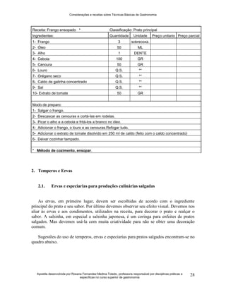 Considerações e receitas sobre Técnicas Básicas de Gastronomia
Apostila desenvolvida por Rosana Fernandez Medina Toledo, professora responsável por disciplinas práticas e
específicas no curso superior de gastronomia
28
Receita: Frango ensopado * Classificação: Prato principal
Ingredientes: Quantidade Unidade Preço unitario Preço parcial
1- Frango 3 sobrecoxa.
2- Óleo 50 ML
3- Alho 1 DENTE
4- Cebola 100 GR
5- Cenoura 50 GR
6- Louro Q.S. **
7- Orégano seco Q.S. **
8- Caldo de galinha concentrado Q.S. **
9- Sal Q.S. **
10- Extrato de tomate 50 GR
Modo de preparo:
1- Salgar o frango.
2- Descascar as cenouras e cortá-las em rodelas.
3- Picar o alho e a cebola e fritá-los a branco no óleo.
4- Adicionar o frango, o louro e as cenouras.Refogar tudo.
5- Adicionar o extrato de tomate disolvido em 250 ml de caldo (feito com o caldo concentrado)
6- Deixar cozinhar tampado.
* Método de cozimento, ensopar.
2. Temperos e Ervas
2.1. Ervas e especiarias para produções culinárias salgadas
As ervas, em primeiro lugar, devem ser escolhidas de acordo com o ingrediente
principal do prato e seu sabor. Por último devemos observar seu efeito visual. Devemos nos
aliar às ervas e aos condimentos, utilizados na receita, para decorar o prato e realçar o
sabor. A salsinha, em especial a salsinha japonesa, é um coringa para enfeites de pratos
salgados. Mas devemos usá-la com muita criatividade para não se obter uma decoração
comum.
Sugestões do uso de temperos, ervas e especiarias para pratos salgados encontram-se no
quadro abaixo.
 