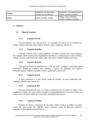 Considerações e receitas sobre Técnicas Básicas de Gastronomia
Apostila desenvolvida por Rosana Fernandez Medina Toledo, professora responsável por disciplinas práticas e
específicas no curso superior de gastronomia
41
Centeio
Quebrado, farinha (frutos
inteiros são aceitáveis).
Quebrados: acompanhamento;
farinha: produtos assados.
Sorgo Inteiro, farinha, xarope.
Mingau, pães achatados,
cerveja, xaropes e melaços.
4. Legumes
4.1. Tipos de Legumes
4.1.1. Legumes de raiz
Crescem debaixo ou à flor da terra. As variedades de maior uso na cozinha são:
batata, cenoura, beterraba, aipo (salsão), rabanete, nabo, mandioca, inhame etc.
4.1.2. Legumes de bulbo
Crescem à flor da terra e como trepadeira. As folhas externas são a capa protetora
dos vegetais. Muito usados como ingredientes aromáticos e componentes de sopas, molhos,
saladas. Os mais conhecidos são: cebola, alho, alho porro, echalote (cebola suave) etc.
4.1.3. Legumes de fruto
Crescem em forma de trepadeira ou à flor da terra. A polpa é a principal parte
comestível. Podem ser comidos com sementes e cascas. Os principais são: tomate,
pimentão, pepino, abóbora, berinjela, chuchu, quiabo, jiló, maxixe etc.
4.1.4. Legumes de talo
A parte comestível é o talo. Muito usado na cozinha. Os mais conhecidos são:
aspargos, palmito, aipo, funcho etc.
4.1.5. Legumes de flor
Crescem destacados da terra e as partes comestíveis são os botões ou fundos. São
preparados cozidos em sopas, purês, entradas ou acompanhamentos. Come-se também as
folhas tenras. Os mais usados são: couve-flor, alcachofra, brócolis etc.
4.1.6. Legumes de folhas
Produtos de hortas e compostos de raiz, talo e folha. Come-se as folhas e os talos
tenros. Os mais usados são: repolho, alface, almeirão, couve de Bruxelas, endivias,
espinafre, acelga, agrião, chicória frise etc.
 