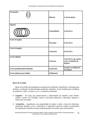 Considerações e receitas sobre Técnicas Básicas de Gastronomia
Apostila desenvolvida por Rosana Fernandez Medina Toledo, professora responsável por disciplinas práticas e
específicas no curso superior de gastronomia
48
Torneados
Olivette 2 cm de altura
Espiral
Chatouillard Corte livre
Corte Irregular
Paysanne Corte livre
Corte Irregular
Concasser Corte livre
Corte talhado
Francesa
Corte livre, de acordo
com o tamanho do
legume
Corte quadriculado laminado Gaufrettes
Largura ou diâmetro
do legume
Corte julienne para folhas Chifounad
Bases de Cozinha
Bases da cozinha são preparações compostas por diferentes ingredientes, utilizadas para
facilitar a confecção de determinadas produções culinárias; sevem também para modificar
ou melhorar o sabor, a textura, a cor e o aroma dos alimentos.
 Ligações – são ligas que proporcionam o adensamento de líquidos como fundos,
molhos, cremes, etc. Exemplo: cereais e derivados tubérculos e derivados, legumes e
frutas ricas em amido.
 Aromáticos – ingredientes com propriedade de realçar o sabor e aroma de alimentos,
geralmente legumes, ervas e especiarias. E importante observar sempre as proporções
de ingredientes aromáticos já que cada proporção irá conferir uma característica.
 