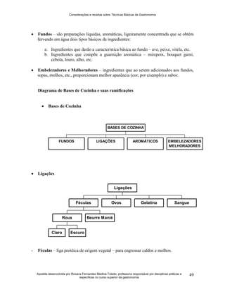Considerações e receitas sobre Técnicas Básicas de Gastronomia
Apostila desenvolvida por Rosana Fernandez Medina Toledo, professora responsável por disciplinas práticas e
específicas no curso superior de gastronomia
49
 Fundos – são preparações líquidas, aromáticas, ligeiramente concentrada que se obtém
fervendo em água dois tipos básicos de ingredientes:
a. Ingredientes que darão a característica básica ao fundo – ave, peixe, vitela, etc.
b. Ingredientes que compõe a guarnição aromática – mirepoix, bouquet garni,
cebola, louro, alho, etc.
 Embelezadores e Melhoradores – ingredientes que ao serem adicionados aos fundos,
sopas, molhos, etc., proporcionam melhor aparência (cor, por exemplo) e sabor.
Diagrama de Bases de Cozinha e suas ramificações
 Bases de Cozinha
 Ligações
- Féculas – liga protéica de origem vegetal – para engrossar caldos e molhos.
FUNDOS LIGAÇÕES AROMÁTICOS EMBELEZADORES
MELHORADORES
BASES DE COZINHA
Claro Escuro
Roux Beurre Manié
Féculas Ovos Gelatina Sangue
Ligações
 