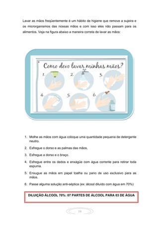 10
Lavar as mãos freqüentemente é um hábito de higiene que remove a sujeira e
os microrganismos das nossas mãos e com isso eles não passam para os
alimentos. Veja na figura abaixo a maneira correta de lavar as mãos:
1. Molhe as mãos com água coloque uma quantidade pequena de detergente
neutro.
2. Esfregue o dorso e as palmas das mãos,
3. Esfregue a dorso e o braço.
4. Esfregue entre os dedos e enxágüe com água corrente para retirar toda
espuma.
5. Enxugue as mãos em papel toalha ou pano de uso exclusivo para as
mãos.
6. Passe alguma solução anti-séptica (ex: álcool diluído com água em 70%)
DILUIÇÂO ÁLCOOL 70%: 07 PARTES DE ÁLCOOL PARA 03 DE ÁGUA
 