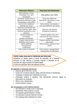 17
PESCADO FRESCO PESCADO DETERIORADO
Pele brilhante, úmida,
tonalidade viva, sem
lacerações
Pele pálida e sem brilho
Escamas unidas entre si,
fortemente aderidas à pele,
translúcidas e com brilho
Escamas soltam-se
facilmente, são opacas e sem
brilho
Carne firme, elástica e
aderida aos ossos
Carne leitosa, amarelada e
com má aderência aos ossos
Opérculo (membrana que
reveste guelras) rígido, deve
oferecer resistência a sua
abertura
Opérculo não oferece
resistência à abertura
Guelras róseas ou
vermelhas,
úmidas e brilhantes.
Guelras pálidas e/ou com
presença de muco intenso e
espesso
Órgãos internos bem
definidos; odor suave
Órgãos internos manchados;
odor ácido
Olhos salientes,
transparentes
e brilhantes
Olhos fundos, opacos e sem
brilho
Odor suave ou ausente Odor intenso, desagradável,
característico de alteração
As lagostas e camarões devem ter:
Aspecto geral brilhante, úmido;
Corpo em curvatura natural, rígida, artículos firmes e resistentes;
Carapaça e cabeça bem aderentes ao corpo;
Coloração própria à espécie; não apresentar mancha negra ou
alaranjada na carapaça
Olhos vivos, destacados;
Cheiro próprio e suave.
Os caranguejos e siris inteiros devem:
Ser expostos à venda vivos e vigorosos;
Apresentar cheiro próprio e suave;
Ter aspecto geral brilhante e úmido;
Ter artículos e pernas inteiras e firmes;
Ter carapaça bem aderente ao corpo;
TESTE PARA AVALIAR O FRESCOR DO PESCADO
Pressione os dedos sobre a carne do pescado, se a mesma
demorar ou não retornar à posição original, o pescado já se
encontra em algum estado de deterioração.
A carne do pescado deve ser elástica e firme.
 