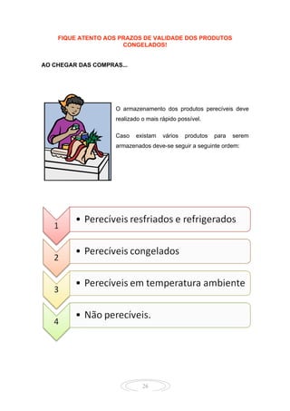 26
FIQUE ATENTO AOS PRAZOS DE VALIDADE DOS PRODUTOS
CONGELADOS!
AO CHEGAR DAS COMPRAS...
O armazenamento dos produtos perecíveis deve
realizado o mais rápido possível.
Caso existam vários produtos para serem
armazenados deve-se seguir a seguinte ordem:
 