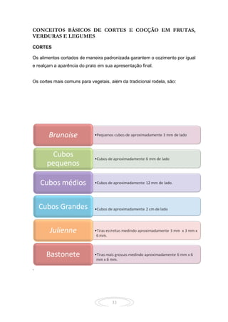 33
CONCEITOS BÁSICOS DE CORTES E COCÇÃO EM FRUTAS,
VERDURAS E LEGUMES
CORTES
Os alimentos cortados de maneira padronizada garantem o cozimento por igual
e realçam a aparência do prato em sua apresentação final.
Os cortes mais comuns para vegetais, além da tradicional rodela, são:
.
 