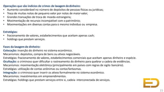 Operações que são indícios de crimes de lavagem dedinheiro:
• Aumento considerável no número de depósitos de pessoas físicas ou jurídicas;
• Troca de muitas notas de pequeno valor por notas de maior valor;
• Grandes transações de troca de moeda estrangeira;
• Movimentação de recursos incompatível com opatrimônio;
• Movimentações em diversas contas para o mesmo indivíduo ou empresa.
Estratégias:
• fracionamento de valores, estabelecimentos que aceitam apenas cash;
• holdings que prestam serviços.
Fases da lavagem de dinheiro:
Colocação: inserção do dinheiro no sistema econômico.
Mecanismos: depósitos, compra de bens ou ativos negociáveis.
Estratégias: fracionamento de valores, estabelecimentos comerciais que aceitam apenas dinheiro e espécie.
Ocultação: o criminoso quer dificultar o rastreamento do dinheiro para quebrar a cadeia de evidências.
Mecanismos: movimentação eletrônica (principalmente em países com regras de sigilo bancário).
Estratégias: utilização de contas anônimas ou contasfantasmas.
Integração: o criminoso quer inserir os ativos formalmente no sistema econômico.
Mecanismos: investimentos em empreendimentos.
Estratégias: holdings que prestam serviços entre si, cadeia interconectada de serviços.
15
 