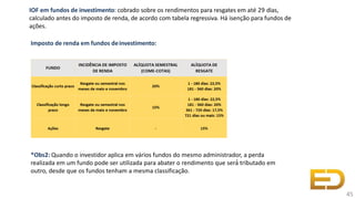 *Obs2: Quando o investidor aplica em vários fundos do mesmo administrador, a perda
realizada em um fundo pode ser utilizada para abater o rendimento que será́ tributado em
outro, desde que os fundos tenham a mesma classificação.
Imposto de renda em fundos deinvestimento:
45
IOF em fundos de investimento: cobrado sobre os rendimentos para resgates em até 29 dias,
calculado antes do imposto de renda, de acordo com tabela regressiva. Há isenção para fundos de
ações.
 