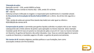 Tributação de ações:
Operação normal – 15%, sendo 0.005% na fonte.
Day Trade (compra e venda no mesmo dia) – 20%, sendo 1% na fonte.
IOF – não há.
Cobrança sempre é efetuada no resgate e o responsável pelo recolhimento é o investidor através
do Documento de Arrecadação da Receita Federal (DARF) até o último dia útil do mês seguinte a
venda.
*Obs: vendas de ações por pessoa física (exceto day trade) com valor igual ou inferiora
R$20.000,00 são isentas deIR.
Compensação de perdas: é permitida para ganhos líquidos auferidos no próprio mês ou em meses
subsequentes até o limite anterior de perda e para operações na mesma classe de ativos. Exemplo:
investidor perde 30 mil reais em janeiro no mercado de ações e lucra 25 mil reais no mesmo mercado
em fevereiro. Os ganhos de fevereiro não serão tributados. Caso fosse ao contrário (ganho em janeiro
e perda em fevereiro), o investidor pagaria o IR sobre os ganhos de janeironormalmente.
São isentos de IR: templos religiosos, partidos políticos e suas fundações, bem como
associações sindicais sem finslucrativos.
51
 