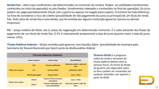 Renda Fixa – ativo cujos rendimentos são determinados no momento da compra. Podem ser prefixados (rendimentos
conhecidos no início da operação) ou pós-fixados (rendimentos indexados e conhecidos no final da operação). Os juros
podem ser pagos periodicamente (título com cupom) ou apenas no resgate (zero cupom). O emissor faz toda diferença
na hora de considerar o risco de crédito (possibilidade de não pagamento do juros ou principal) de um título de renda
fixa. Todo ativo de renda fixa é uma dívida, que foi emitida por alguma instituição (governo, bancos ou demais
empresas).
PU – preço unitário do título, isto é, preço de negociação em determinado momento. É o valor presente dos fluxos de
pagamento de um título de renda fixa. O PU é inversamente proporcional a taxa de juros (quanto maior a taxa de juros,
menor oPU).
Títulos Públicos Federais – títulos emitidos pelo governo, com liquidez diária (possibilidade de recompra pela
Secretaria do Tesouro Nacional) que fazem parte da dívida pública federal.
52
Tesouro direto é o programa
online de venda e recompra de
títulos públicos federais para as
pessoas físicas. Os títulos da dívida
do governo são negociados todos
os dias e podem ser comprados por
qualquer investidor com aportes a
partir de R$30.
 