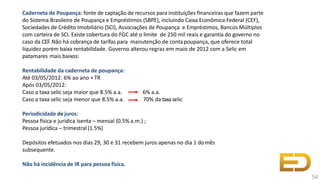 Caderneta de Poupança: fonte de captação de recursos para instituições financeiras que fazem parte
do Sistema Brasileiro de Poupança e Empréstimos (SBPE), incluindo Caixa Econômica Federal (CEF),
Sociedades de Crédito Imobiliário (SCI), Associações de Poupança e Empréstimos, Bancos Múltiplos
com carteira de SCI. Existe cobertura do FGC até o limite de 250 mil reais e garantia do governo no
caso da CEF.Não há cobrança de tarifas para manutenção de contapoupança, que oferece total
liquidez porém baixa rentabilidade. Governo alterou regras em maio de 2012 com a Selic em
patamares mais baixos:
Rentabilidade da caderneta de poupança:
Até 03/05/2012: 6% ao ano + TR
Após 03/05/2012:
Caso a taxa selic seja maior que 8.5% a.a. 6% a.a.
Caso a taxa selic seja menor que 8.5% a.a. 70% da taxaselic
Periodicidade de juros:
Pessoa física e jurídica isenta – mensal (0.5% a.m.) ;
Pessoa jurídica – trimestral (1.5%)
Depósitos efetuados nos dias 29, 30 e 31 recebem juros apenas no dia 1 domês
subsequente.
Não há incidência de IR para pessoa física.
54
 