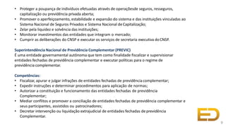 • Proteger a poupança de indivíduos efetuadas através de operaçõesde seguros, resseguros,
capitalização ou previdência privada aberta;
• Promover o aperfeiçoamento, estabilidade e expansão do sistema e das instituições vinculadas ao
Sistema Nacional de Seguros Privados e Sistema Nacional deCapitalização;
• Zelar pela liquidez e solvência das instituições;
• Monitorar investimentos das entidades que integram o mercado;
• Cumprir as deliberações do CNSP e executar os serviços de secretaria executiva doCNSP.
Superintendência Nacional de Previdência Complementar (PREVIC)
É uma entidade governamental autônoma que tem como finalidade fiscalizar e supervisionar
entidades fechadas de previdência complementar e executar políticas para o regime de
previdência complementar.
Competências:
• Fiscalizar, apurar e julgar infrações de entidades fechadas de previdênciacomplementar;
• Expedir instruções e determinar procedimentos para aplicação de normas;
• Autorizar a constituição e funcionamento das entidades fechadas de previdência
Complementar;
• Mediar conflitos e promover a conciliação de entidades fechadas de previdência complementar e
seus participantes, assistidos ou patrocinadores;
• Decretar intervenção ou liquidação extrajudicial de entidades fechadas de previdência
Complementar.
9
 