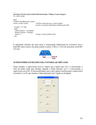 125
......
procedure TSerial_Leds.ComPort1RxChar(Sender: TObject; Count: Integer);
var receb1:string;
begin
ComPort1.ReadStr(receb1,count);
recebe:=recebe+receb1; //Artifício usado para que a variável global
//recebe os caracteres individuais emulados pela USB
if recebe = 'L1' then
begin
Label1.Caption:= 'Led ligado';
Button2.Caption:= 'Desligar';
recebe:=''; //Limpa a variável global recebe
end;
É importante salientar que para testar a comunicação bidirecional do executável sem o
SanUSB, basta colocar um jump unindo os pinos 2 (Rx) e 3 (Tx) de uma porta serial RS-
232 real.
SUPERVISÓRIO EM DELPHI PARA CONTROLAR TRÊS LEDS
Neste exemplo, o supervisório envia L1 depois que o botão ligar Led 1 é pressionado, o
label do botão muda para Desliga. Quando o botão Desligar Led 1 é pressionado, o
supervisório envia D1. O microcontrolador atua o led e depois confirma para o supervisório
enviando L1 ou D1 que atualiza o label indicando Led 1 ligado ou desligado.
 