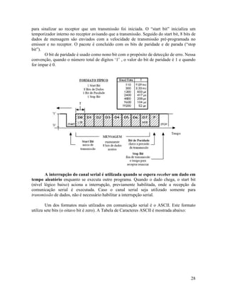 28
para sinalizar ao receptor que um transmissão foi iniciada. O “start bit” inicializa um
temporizador interno no receptor avisando que a transmissão. Seguido do start bit, 8 bits de
dados de mensagem são enviados com a velocidade de transmissão pré-programada no
emissor e no receptor. O pacote é concluído com os bits de paridade e de parada (“stop
bit”).
O bit de paridade é usado como nono bit com o propósito de detecção de erro. Nessa
convenção, quando o número total de dígitos ‘1’ , o valor do bit de paridade é 1 e quando
for ímpar é 0.
A interrupção do canal serial é utilizada quando se espera receber um dado em
tempo aleatório enquanto se executa outro programa. Quando o dado chega, o start bit
(nível lógico baixo) aciona a interrupção, previamente habilitada, onde a recepção da
comunicação serial é executada. Caso o canal serial seja utilizado somente para
transmissão de dados, não é necessário habilitar a interrupção serial.
Um dos formatos mais utilzados em comunicação serial é o ASCII. Este formato
utiliza sete bits (o oitavo bit é zero). A Tabela de Caracteres ASCII é mostrada abaixo:
 
