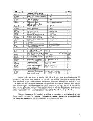 3
Como pode ser visto, a família PIC16F (14 bits com aproximadamente 35
instruções) não possui uma instrução em assembly que realize multiplicação ou divisão de
dois operandos, o que curiosamente é presente na linguagem assembly da família MCS51
(256 instruções que satisfazem a maioria das aplicações industriais). Portanto, para realizar
uma multiplicação, é necessário realizar somas sucessivas, ou seja, em vez de multiplicar
uma variável por outra, realizar somas de uma variável em uma terceira área de memória,
tantas vezes quando for o valor da segunda variável. (X * 5 = X + X + X + X + X).
Mas em linguagem C é possível se utilizar o operador de multiplicação (*), de
forma simples e prática. Ao compilar, a linguagem gerada irá converter a multiplicação
em somas sucessivas sem que o programador se preocupe com isso.
 