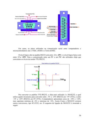 30
Em suma, os pinos utilizados na comunicação serial entre computadores e
microcontroladores são o TXD, o RXD e o Terra (GND).
O nível lógico alto no padrão RS232 está entre –3 e –25V e o nível lógico baixo está
entre +3 e +25V. Para a comunicação entre um PC e um PIC são utilizados chips que
convertem os níveis de tensão TTL/RS232.
Par converter os padrões TTL/RS232, o chip mais utilizado é o MAX232, o qual
utiliza quatro inversores para converter entre –3V a –25V (RS232) em +5V (TTL), e entre
+3V a +25V (RS232) em 0V (TTL). Computadores apresentam cerca de –10V e +10V,
mas suportam mínimas de -25v e máximas de +25v. Assim Como o MAX232 existem
outros conversores, tipo ICL3232, etc. O esquema de ligação do MAX232 é mostrado a
seguir:
 