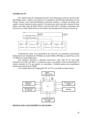 70
INTERFACE I2
C
I2C significa Inter-IC (Integrated Circuit). Este barramento serial foi desenvolvido
pela Philips como o objetivo de conectar CIs e periféricos de diferentes fabricantes em um
mesmo circuito, como microcontroladores, memórias externas e relógio em tempo real,
usando o menor número de pinos possível. Este protocolo serial necessita somente de duas
linhas: uma linha serial de dados (SDA) e uma de clock (SCL). Quando o baramento não
está em uso, as duas linhas ficam em nível lógico alto forçadas pelos resistores de pull-up.
O barramento serial, com transferência de 8 bits por vez, possibilita comunicação
bidirecional com velocidade de 100 Kbps no modo Padrão, 400 Kbps no modo Fast, ou até
3,4 Mbits/s no modo High-speed.
Esta interface apresenta a filosofia multi-master onde todo CI da rede pode
transmitir ou receber um dado, e o transmissor gera o seu próprio clock de transmissão. O
número máximo de CIs que podem ser conectados é limitado apenas pela capacitância
máxima do barramento de 400pF.
Um exemplo típico de configuração I2C em TVs é mostrado na figura abaixo:
REGRAS PARA TRANSFERÊNCIA DE DADOS
 