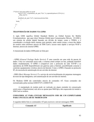 83
//"%2unr" para gerar gráfico no excell
for(j=0; j<24; ++j){printf(usb_cdc_putc,"%2u ", le_eeprom(0,puloext+(i*24+j)) );}
delay_ms(15);
}
printf(usb_cdc_putc,"rn"); //posiciona próxima linha
}
break;
}}}
}
}
TRASNMISSÃO DE DADOS VIA GPRS
A sigla GSM significa Global Standard Mobile ou Global System for Mobile
Communications que quer dizer Sistema Global para Comunicações Móveis. O GSM é
um sistema de celular digital baseado em divisão de tempo, como o TDMA, e é
considerado a evolução deste sistema, pois permite, entre outras coisas, a troca dos dados
do usuário entre telefones através do SIM Card e acesso mais rápido a serviços WAP e
Internet, através do sistema GPRS.
A transmissão de dados GSM pode ser feita por:
- GPRS (General Package Radio Service): É uma conexão em uma rede de pacote de
dados. Uma vez conectado nessa rede, o sistema estará sempre on line, podendo transferir
dados imediatamente. O GPRS é compatível com o protocolo de rede TCP/IP e as
operadoras de GSM disponibilizam um gateway para a Internet, possibilitando conectar e
controlar equipamentos wireless através da Internet. Como o GPRS é baseado no protocolo
IP, ele necessita de autenticação de um servidor da internet.
- SMS (Short Message Service): É o serviço de envio/recebimento de pequenas mensagens
de texto do tipo datagrama, sem autenticação de um servidor de internet.
Os Modems GSM são controlados através de comandos AT. Esses comandos são
normalizados pelas normas GSM 07.07 e GSM 07.05.
A manipulação do modem pode ser realizada em algum emulador de comunicação
serial como o Hyperterminal, nele deve-se ajustar para 9600 bps,e não esquecendo de instalar o
SIM Card no modem.
COMANDOS AT PARA ENVIAR MENSAGENS SMS DE UM COMPUTADOR
PARA UM CELULAR OU MODEM GSM
A seguinte tabela lista os commandos AT para escrever e enivair mensagens SMS:
Comando AT Significado
 