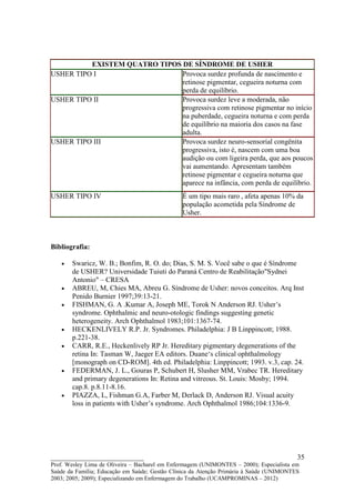 EXISTEM QUATRO TIPOS DE SÍNDROME DE USHER
USHER TIPO I                   Provoca surdez profunda de nascimento e
                               retinose pigmentar, cegueira noturna com
                               perda de equilíbrio.
USHER TIPO II                  Provoca surdez leve a moderada, não
                               progressiva com retinose pigmentar no início
                               na puberdade, cegueira noturna e com perda
                               de equilíbrio na maioria dos casos na fase
                               adulta.
USHER TIPO III                 Provoca surdez neuro-sensorial congênita
                               progressiva, isto é, nascem com uma boa
                               audição ou com ligeira perda, que aos poucos
                               vai aumentando. Apresentam também
                               retinose pigmentar e cegueira noturna que
                               aparece na infância, com perda de equilíbrio.
USHER TIPO IV                                  É um tipo mais raro , afeta apenas 10% da
                                               população acometida pela Síndrome de
                                               Usher.



Bibliografia:

   •   Swaricz, W. B.; Bonfim, R. O. do; Dias, S. M. S. Você sabe o que é Síndrome
       de USHER? Universidade Tuiuti do Paraná Centro de Reabilitação"Sydnei
       Antonio" – CRESA
   •   ABREU, M, Chies MA, Abreu G. Síndrome de Usher: novos conceitos. Arq Inst
       Penido Burnier 1997;39:13-21.
   •   FISHMAN, G. A .Kumar A, Joseph ME, Torok N Anderson RJ. Usher’s
       syndrome. Ophthalmic and neuro-otologic findings suggesting genetic
       heterogeneity. Arch Ophthalmol 1983;101:1367-74.
   •   HECKENLIVELY R.P. Jr. Syndromes. Philadelphia: J B Linppincott; 1988.
       p.221-38.
   •   CARR, R.E., Heckenlively RP Jr. Hereditary pigmentary degenerations of the
       retina In: Tasman W, Jaeger EA editors. Duane‘s clinical ophthalmology
       [monograph on CD-ROM]. 4th ed. Philadelphia: Linppincott; 1993. v.3, cap. 24.
   •   FEDERMAN, J. L., Gouras P, Schubert H, Slusher MM, Vrabec TR. Hereditary
       and primary degenerations In: Retina and vitreous. St. Louis: Mosby; 1994.
       cap.8. p.8.11-8.16.
   •   PIAZZA, L, Fishman G.A, Farber M, Derlack D, Anderson RJ. Visual acuity
       loss in patients with Usher’s syndrome. Arch Ophthalmol 1986;104:1336-9.




__________________________                                                               35
Prof. Wesley Lima de Oliveira – Bacharel em Enfermagem (UNIMONTES – 2000); Especialista em
Saúde da Família; Educação em Saúde; Gestão Clínica da Atenção Primária à Saúde (UNIMONTES
2003; 2005; 2009); Especializando em Enfermagem do Trabalho (UCAMPROMINAS – 2012)
 
