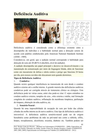 Deficiência Auditiva




Deficiência auditiva é considerada como a diferença existente entre a
desempenho do indivíduo e a habilidade normal para a detecção sonora de
acordo com padrões estabelecidos pela American National Standards Institute
(ANSI - 1989).
Considera-se, em geral, que a audição normal corresponde à habilidade para
detecção de sons até 20 dB N.A (decibéis, nível de audição).
A audição desempenha um papel principal e decisivo no desenvolvimento e na
manutenção da comunicação por meio da linguagem falada, além de funcionar
como um mecanismo de defesa e alerta contra o perigo que funciona 24 horas
por dia, pois nossos ouvidos não descansam nem quando dormimos.
Tipos de Deficiência Auditiva:
1.     Condutiva :
Quando ocorre qualquer interferência na transmissão do som desde o conduto
auditivo externo até a orelha interna. A grande maioria das deficiências auditivas
condutivas pode ser corrigida através de tratamento clínico ou cirúrgico. Esta
deficiência pode ter várias causa, entre elas pode-se citar: C orpos estranhos no
conduto auditivo externo, tampões de cera , otite externa e média, mal formação
congênita do conduto auditivo, inflamação da membrana timpânica, perfuração
do tímpano, obstrução da tuba auditiva, etc.
    2. Sensório-Neural :
Quando há uma impossibilidade de recepção do som por lesão das células
ciliadas da orelha interna ou do nervo auditivo. Este tipo de deficiência auditiva é
irreversível. A deficiência auditiva sensório-neural pode ser de origem
hereditária como problemas da mãe no pré-natal tais como a rubéola, sífilis,
herpes, toxoplasmose, alcoolismo, toxemia, diabetes etc. Também podem ser
__________________________                                                               41
Prof. Wesley Lima de Oliveira – Bacharel em Enfermagem (UNIMONTES – 2000); Especialista em
Saúde da Família; Educação em Saúde; Gestão Clínica da Atenção Primária à Saúde (UNIMONTES
2003; 2005; 2009); Especializando em Enfermagem do Trabalho (UCAMPROMINAS – 2012)
 