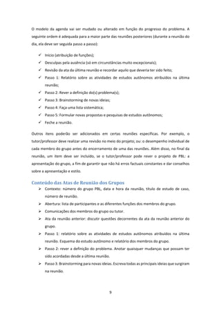 9 
 
O  modelo  da  agenda  vai  ser  mudado  ou  alterado  em  função  do  progresso  do  problema.  A 
seguinte ordem é adequada para a maior parte das reuniões posteriores (durante a reunião do 
dia, ela deve ser seguida passo a passo): 
 Início (atribuição de funções); 
 Desculpas pela ausência (só em circunstâncias muito excepcionais); 
 Revisão da ata da última reunião e recordar aquilo que deveria ter sido feito; 
 Passo  1:  Relatório  sobre  as  atividades  de  estudos  autônomos  atribuídos  na  última 
reunião; 
 Passo 2: Rever a definição do(s) problema(s); 
 Passo 3: Brainstorming de novas ideias; 
 Passo 4: Faça uma lista sistemática; 
 Passo 5: Formular novas propostas e pesquisas de estudos autônomos; 
 Feche a reunião. 
Outros  itens  poderão  ser  adicionados  em  certas  reuniões  específicas.  Por  exemplo,  o 
tutor/professor deve realizar uma revisão no meio do projeto; ou: o desempenho individual de 
cada membro do grupo antes do encerramento de uma das reuniões. Além disso, no final da 
reunião,  um  item  deve  ser  incluído,  se  o  tutor/professor  pode  rever  o  projeto  de  PBL:  a 
apresentação do grupo, a fim de garantir que não há erros factuais constantes e dar conselhos 
sobre a apresentação e estilo. 
Conteúdo	das	Atas	de	Reunião	dos	Grupos	
 Contexto:  número  do  grupo  PBL,  data  e  hora  da  reunião,  título  de  estudo  de  caso, 
número de reunião. 
 Abertura: lista de participantes e as diferentes funções dos membros do grupo. 
 Comunicações dos membros do grupo ou tutor. 
 Ata da reunião anterior: discutir questões decorrentes da ata da reunião anterior do 
grupo. 
 Passo  1:  relatório  sobre  as  atividades  de  estudos  autônomos  atribuídos  na  última 
reunião. Esquema do estudo autônomo e relatório dos membros do grupo. 
 Passo 2: rever a definição do problema. Anotar quaisquer mudanças que possam ter 
sido acordadas desde a última reunião. 
 Passo 3: Brainstorming para novas ideias. Escreva todas as principais ideias que surgiram 
na reunião. 
 