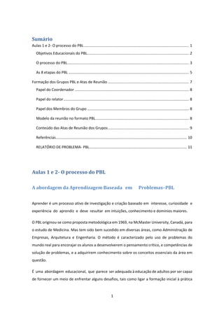 1 
 
Sumário	
Aulas 1 e 2‐ O processo do PBL ..................................................................................................... 1 
Objetivos Educacionais do PBL .................................................................................................. 2 
O processo do PBL ..................................................................................................................... 3 
As 8 etapas do PBL .................................................................................................................... 5 
Formação dos Grupos PBL e Atas de Reunião .............................................................................. 7 
Papel do Coordenador .............................................................................................................. 8 
Papel do relator ......................................................................................................................... 8 
Papel dos Membros do Grupo .................................................................................................. 8 
Modelo da reunião no formato PBL .......................................................................................... 8 
Conteúdo das Atas de Reunião dos Grupos .............................................................................. 9 
Referências .............................................................................................................................. 10 
RELATÓRIO DE PROBLEMA‐ PBL .............................................................................................. 11 
 
Aulas	1	e	2‐	O	processo	do	PBL
	
A	abordagem	da	Aprendizagem	Baseada	 em	 Problemas–PBL 
 
Aprender é um processo ativo de investigação e criação baseado em  interesse, curiosidade  e  
experiência  do  aprendiz  e  deve  resultar  em intuições, conhecimento e domínios maiores. 
O PBL originou‐se como proposta metodológica em 1969, na McMaster University, Canadá, para 
o estudo de Medicina. Mas tem sido bem sucedido em diversas áreas, como Administração de 
Empresas,  Arquitetura  e  Engenharia.  O  método  é  caracterizado  pelo  uso  de  problemas  do 
mundo real para encorajar os alunos a desenvolverem o pensamento crítico, e competências de 
solução de problemas, e a adquirirem conhecimento sobre os conceitos essenciais da área em 
questão. 
É  uma  abordagem  educacional,  que  parece  ser adequada à educação de adultos por ser capaz 
de fornecer um meio de enfrentar alguns desafios, tais como ligar a formação inicial à prática 
 